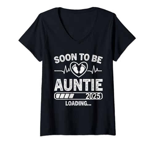 Damen Soon to Be Auntie 2025 Loading Funny Schwangerschaftsankündigung T-Shirt mit V-Ausschnitt von Promoted To 2025 Matching Apparel