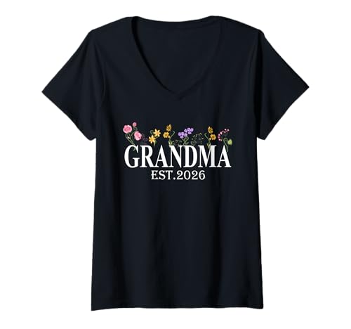 Damen Oma Est. 2026 Für Damen zur Mutterblütenschwangerschaft befördert T-Shirt mit V-Ausschnitt von Promoted To Grandma Est 2026 First Time Mom