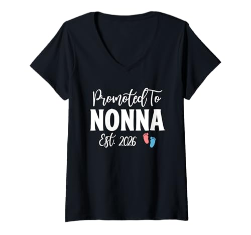 Damen Zur Nonna befördert 2026 Lustiges Geschlecht Wird Bald Nonna T-Shirt mit V-Ausschnitt von Promoted To Nonna Pregnancy Announcement Outfit
