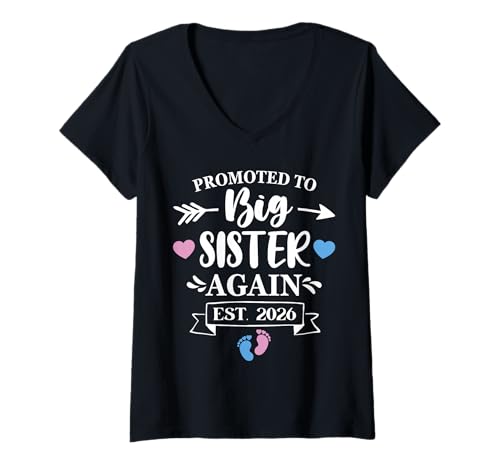 Damen Promoted to Big Sister Again Est 2026 Soon to Be Big Sister T-Shirt mit V-Ausschnitt Damen Promoted to Big Sister Again Est 2026 Soon to Be Big Sister T-Shirt mit V-Ausschnitt von Promoted to Big Sis Again Est 2026