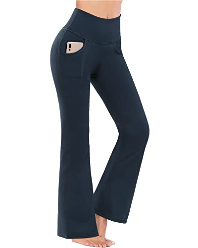 Promover Yogahose Damen Schlaghose Sporthose Lang Flared High Waist Leggings Bootcut Hose Mit Taschen(Taschen-blau Navy,S) von Promover