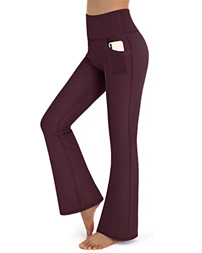 Promover Yogahose Damen Schlaghose Sporthose Lang Flared High Waist Leggings Bootcut Hose Mit Taschen(Taschen-Rotwein,XL) von Promover