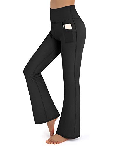 Promover Yogahose Damen Schlaghose Sporthose Lang Flared High Waist Leggings Bootcut Hose Mit Taschen(Pockets-schwarz,S) von Promover