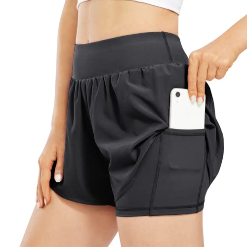 Promover Damen Doppellagige Laufshorts 2 in 10 Sport Yoga Kurze Hose Ausbildung Fließend Sporthose Laufhose mit Taschen Fitness Hosen Trainieren Laufen von Promover