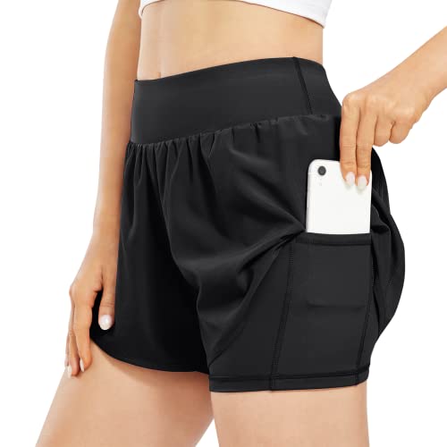 Promover Damen Doppellagige Laufshorts 2 in 5 Sport Yoga Kurze Hose Ausbildung Fließend Sporthose Laufhose mit Taschen Fitness Hosen Trainieren Laufen von Promover