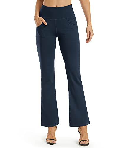 Promover Yogahose Damen Schlaghose Sporthose Lang Flared High Waist Leggings Bootcut Hose Mit Taschen(Marine-1,XXL) von Promover