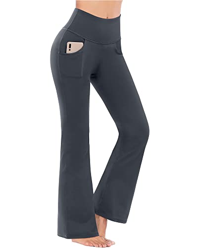 Promover Yogahose Damen Schlaghose Sporthose Lang Flared High Waist Leggings Bootcut Hose Mit Taschen(Taschen-dunkelgrau,L) von Promover