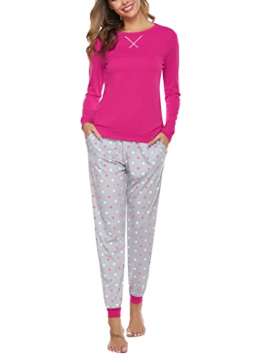 Weiche Damen-Pyjama-Sets, Baumwolle, langärmelig, bequem, 2-teilig, Nachtwäsche, gemütliche Loungewear, Nachtwäsche mit Taschen, rosarot, S von Prosoft&Hawiton