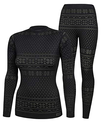 Prosske Damen Seamless Funktionsunterwäsche Thermo Snowflake Set Thermounterwäsche Skiunterwäsche Atmungsaktiv (schwarz-grau, S/M) von Prosske