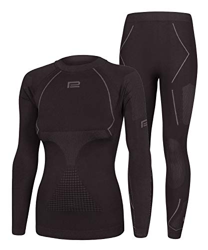 Prosske Damen Seamless Funktionsunterwäsche Thermo Xtreme 2.0 Set Thermounterwäsche Skiunterwäsche Atmungsaktiv (schwarz-grau, S/M) von Prosske