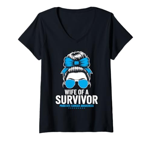 Damen Wife of a Survivor Prostatakrebs Bewusstsein Messy Bun T-Shirt mit V-Ausschnitt Damen Wife of a Survivor Prostatakrebs Bewusstsein Messy Bun T-Shirt mit V-Ausschnitt von Prostate Cancer Partner Support