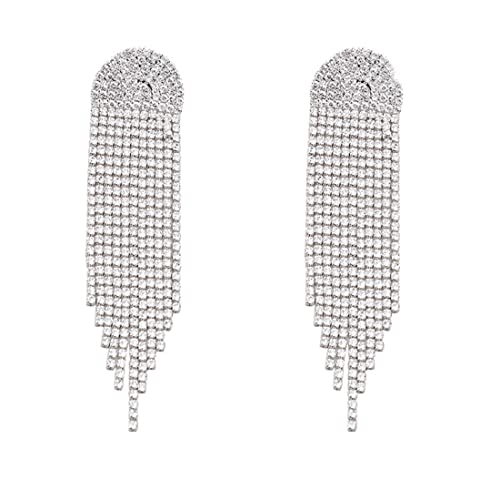 Prosy 1-Paar Quaste Strass Herz Ohrringe Silber Lange Kronleuchter Fringe Kette Kristall Dangle Tropfen Ohrring Vintage Braut Party Schmuck für Frauen und Mädchen (A) von Prosy
