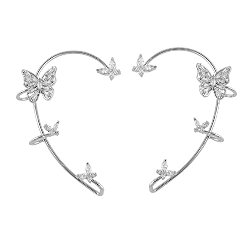Prosy 1 Pair Kristall Blume Wrap Around Ohrringe ohne Pierced Ear Clip Bling Schmetterling Weihnachtsbaum Ohrringe Schmuck für Frauen und Mädchen (Silber 1) von Prosy