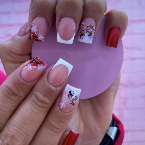 Prosy 24pcs Weihnachtsnägel Kurze quadratische gefälschte Nägel Roter Elch Wald Schneeflocken Falsche Nägel Schneemann Goldfolie Glitter Presse auf Nägel für Frauen und Mädchen (D) von Prosy