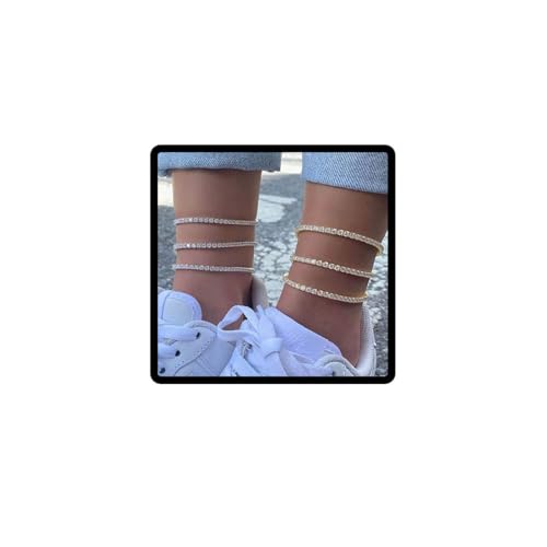Prosy 3PCS Strass Fußkettchen Strand Fuß Schmuck Einstellbare Kristall Knöchel Fuß Schmuck für Frauen und Mädchen (Silber) von Prosy