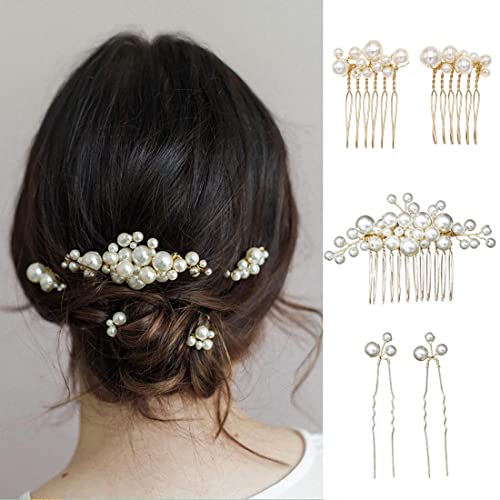 Prosy 5 Stück Braut Hochzeit Perlen Haarkamm und Haarnadeln Gold Braut Haarschmuck Kopfschmuck Haarschmuck für Frauen und Mädchen von Prosy