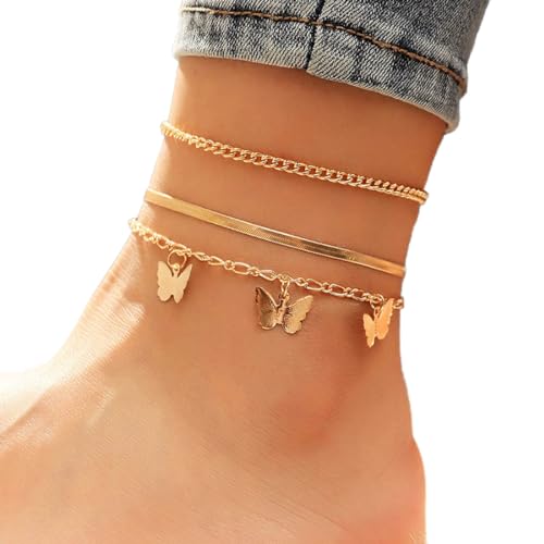 Prosy Beach Layered Butterfly Fußkettchen Gold Knöchelarmbänder Kette Fußschmuck Einstellbar für Frauen Mädchen von Prosy