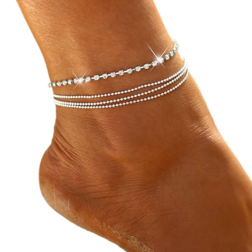 Prosy Beach Layered Strass Fußkettchen Silber Kristall Knöchel Armbänder Kette Fuß Schmuck Einstellbar für Frauen Mädchen von Prosy