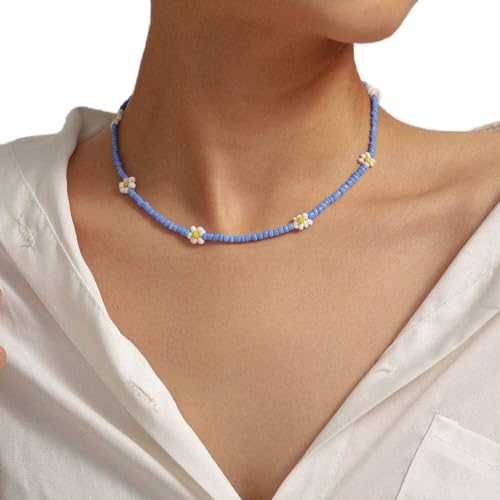 Prosy Bohemian Bunte Perlen Daisy Choker Halskette Seed Bead Kurze Sonnenblume Halsketten Glas Baumeln Kragen Hawaii Strand Schmuck für Frauen und Mädchen (Blau 2) von Prosy