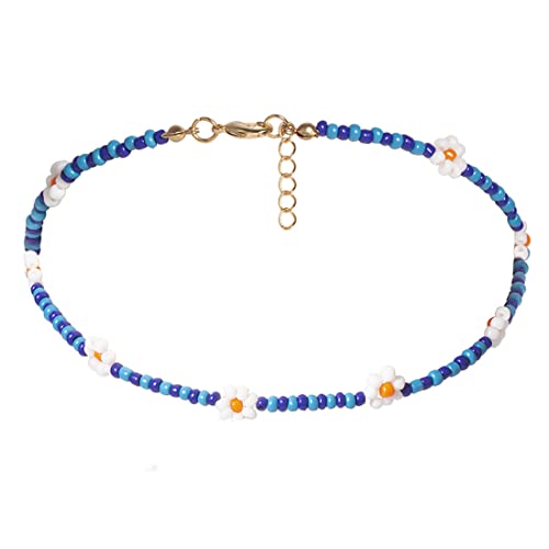 Prosy Bohemian Bunte Perlen Gänseblümchen Choker Halskette Rocailles Kurze Sonnenblume Halsketten Glas Baumeln Kragen Hawaii Strand Schmuck für Frauen und Mädchen (Halskette-Blau) von Prosy