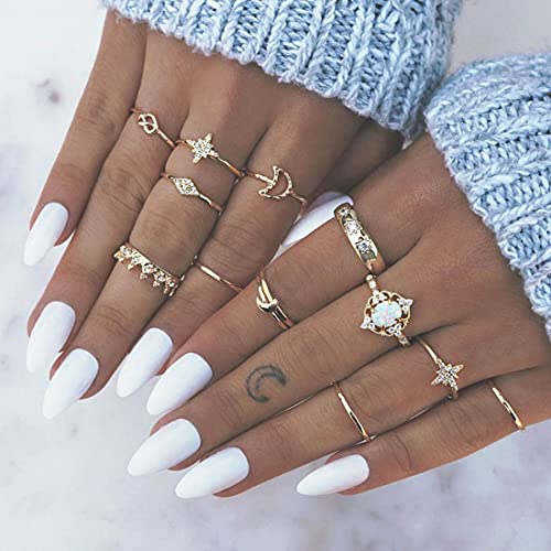 Prosy Boho Crystal Crescent Moon Wave Star Knuckle Knot Rings Set Stapelbarer Gold Fingerring für Frauen und Mädchen von Prosy