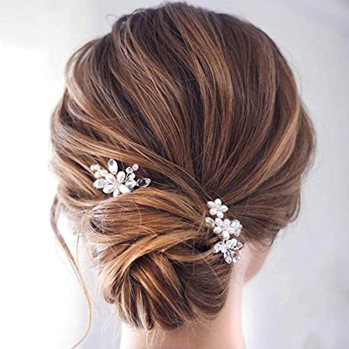 Prosy Braut Hochzeit Blume Haarnadeln Silber Braut Kristall Haarspangen Perle Floral Kopfschmuck für Frauen und Mädchen (2 Stück) von Prosy