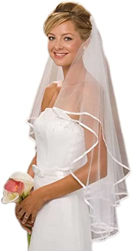 Prosy Brautschleier mit 2 Ebenen, kurzer Schleier mit Schleifenrand, Brautschmuck, Haar-Accessoires, Abdeckung für Schleier mit Kamm für Frauen und Mädchen (weiß) von Prosy