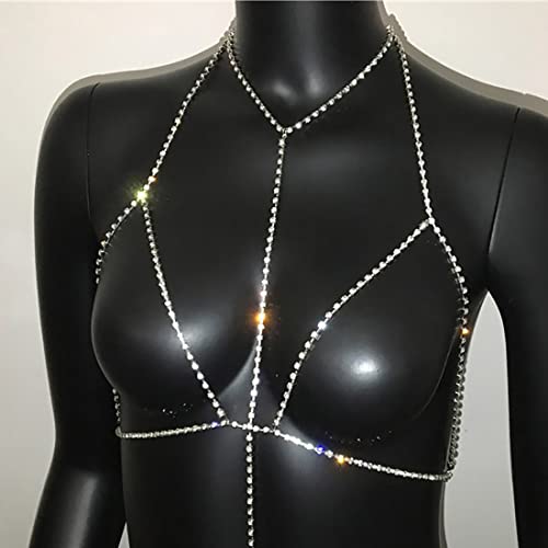 Prosy Glitzernde Strass-Bikini-Kette mit silberfarbenen Kristallen, Brustkette, Halsband, Körperkette, Sommer, Strand, Nachtclub, Schmuck, verstellbar für Damen und Mädchen von Prosy