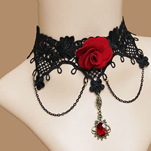 Prosy Gothic Schwarze Spitze Choker Halskette Gold Rot Rose Blume Edelsteine Kragen Halsketten Einstellbar für Frauen und Mädchen (B) von Prosy