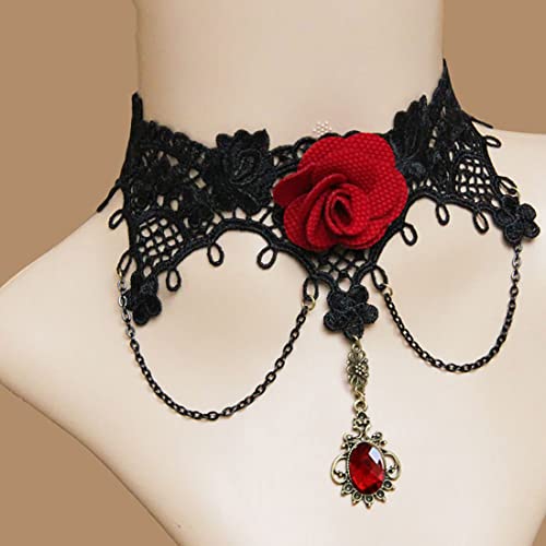 Prosy Gothic Schwarze Spitze Choker Halskette Gold Rot Rose Blume Edelsteine Kragen Halsketten Einstellbar für Frauen und Mädchen (B) von Prosy