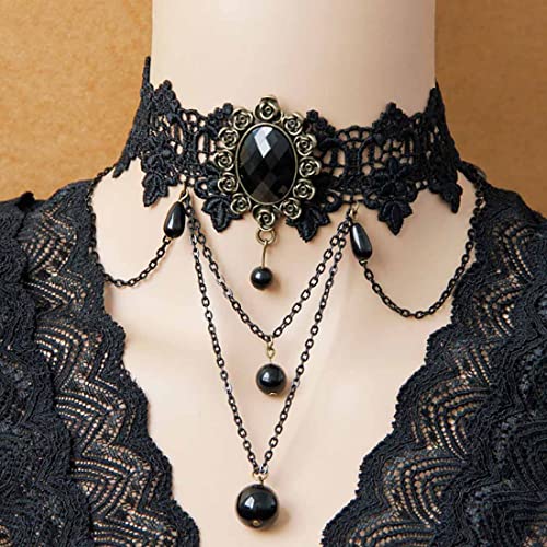 Prosy Gothic Schwarze Spitze Choker Halskette Gold Rot Rose Blume Edelsteine Kragen Halsketten Einstellbar für Frauen und Mädchen (C) von Prosy