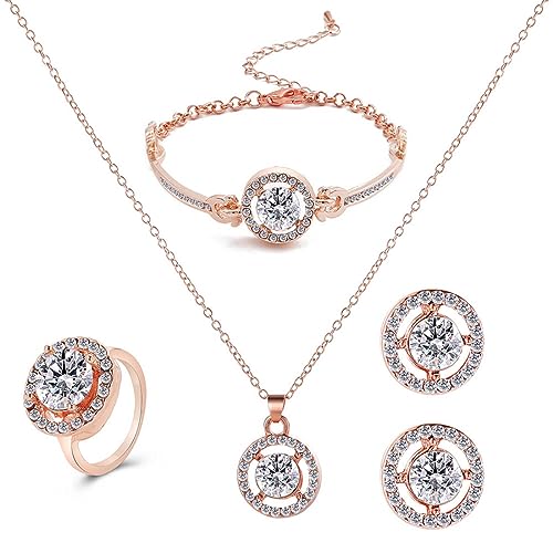 Prosy Hochzeit Braut Kristall Halskette Ohrringe Armband Ring Set Anhänger Choker Halsketten Schmuck für Frauen und Mädchen (Roségold) von Prosy