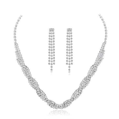 Prosy Hochzeit Braut Kristall Perle Halskette Silber Ohrringe Set Strass Anhänger Choker Halsketten Schmuck für Frauen und Mädchen (B) von Prosy