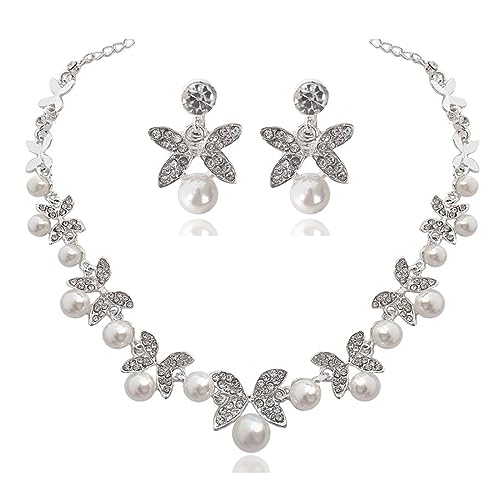 Prosy Hochzeit Braut Kristall Perle Halskette Silber Ohrringe Set Strass Anhänger Choker Halsketten Schmuck für Frauen und Mädchen (D) von Prosy