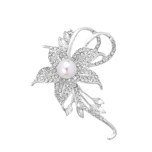 Prosy Kleidung Blume Perle Brosche Party Kleid Kristall Strass Brosche Elegante Kragen Pins Zubehör für Frauen und Mädchen (Silber) von Prosy