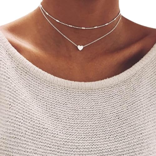 Prosy Layered Boho Herz Anhänger Halsketten Silber Chokerhalskette Kette Einstellbarer Schmuck für Frauen und Mädchen von Prosy