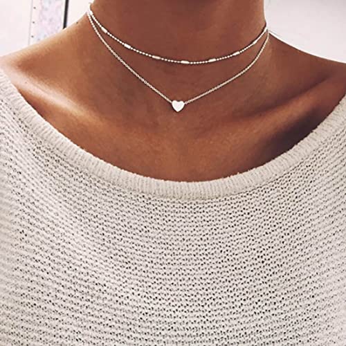 Prosy Layered Boho Herz Anhänger Halsketten Silber Chokerhalskette Kette Einstellbarer Schmuck für Frauen und Mädchen von Prosy