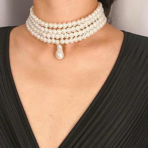 Prosy Layered Pearl Choker Halskette Verstellbare Kragen Halsketten für Frauen und Mädchen (A) von Prosy