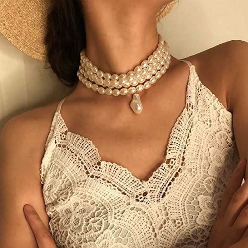 Prosy Layered Pearl Choker Halskette Verstellbare Kragen Halsketten für Frauen und Mädchen (B) von Prosy