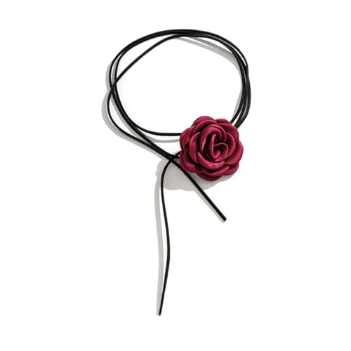 Prosy Layered Rose Choker Halsketten Kragen Schwarz geflochtene Schnur Anhänger Beflocken Stoff Halskette Kette Schmuck für Frauen und Mädchen (Rotwein) von Prosy