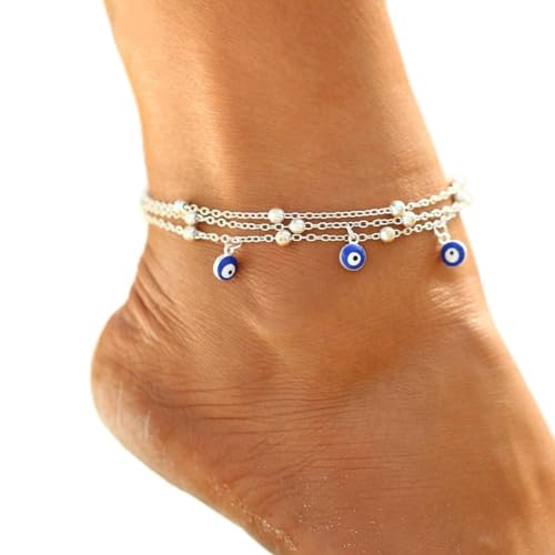 Prosy Layered Teufels Auge Knöchel Perlen Knöchel Armband Kette Fuß Schmuck für Frauen und Mädchen (Silber) von Prosy