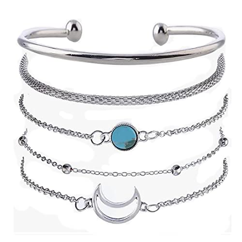 Prosy Multilayer Flower Heart Tuoquoise Crescent Moon Armbänder Set Bead Fantasy Beaded Open Hand Accessories Einstellbarer Schmuck für Frauen und Mädchen (Silber 3) von Prosy