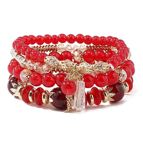 Prosy Multilayer Kristallperle Stapelbare Gold Armband Fantasy Armbänder Handgemachte Hand Zubehör Schmuck Einstellbar für Frauen und Mädchen (Rot) von Prosy