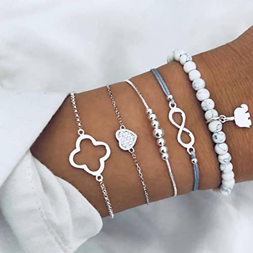 Prosy Multilayer Lucky 8 Armbänder Set Silber Perle Fantasy Elefant Herz Marmor Hand Zubehör Einstellbarer Schmuck für Frauen und Mädchen von Prosy