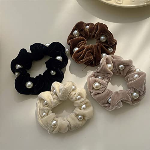 Prosy Haargummis aus Samt mit schwarzen Perlen, Haargummis für großen Darm, weiche Haargummis, Haarschmuck für Damen und Mädchen (4 Stück) von Prosy