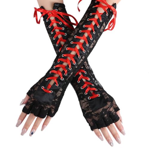 Prosy Schwarz Schnürung Fingerlose Handschuhe Lange Ellbogen Handschuhe für Kostüm Party Schnürung Arm Warmer für Frauen und Mädchen (Rot) von Prosy