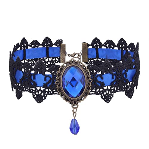 Prosy Schwarz Spitze Halsketten Gothic Spitze Choker Kristall Anhänger Halloween Cosplay Party Diamant Halskette Schmuck für Frauen und Mädchen (Blau) von Prosy