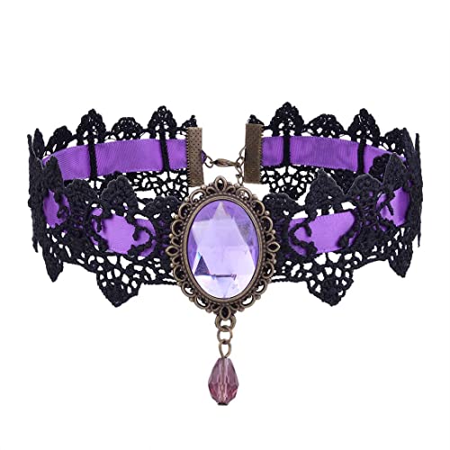 Prosy Schwarz Spitze Halsketten Gothic Spitze Choker Kristall Anhänger Halloween Cosplay Party Diamant Halskette Schmuck für Frauen und Mädchen (Lila) von Prosy