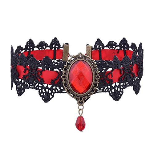 Prosy Schwarz Spitze Halsketten Gothic Spitze Choker Kristall Anhänger Halloween Cosplay Party Diamant Halskette Schmuck für Frauen und Mädchen (Rot) von Prosy