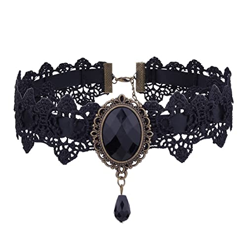 Prosy Schwarz Spitze Halsketten Gothic Spitze Choker Kristall Anhänger Halloween Cosplay Party Diamant Halskette Schmuck für Frauen und Mädchen (Schwarz) von Prosy